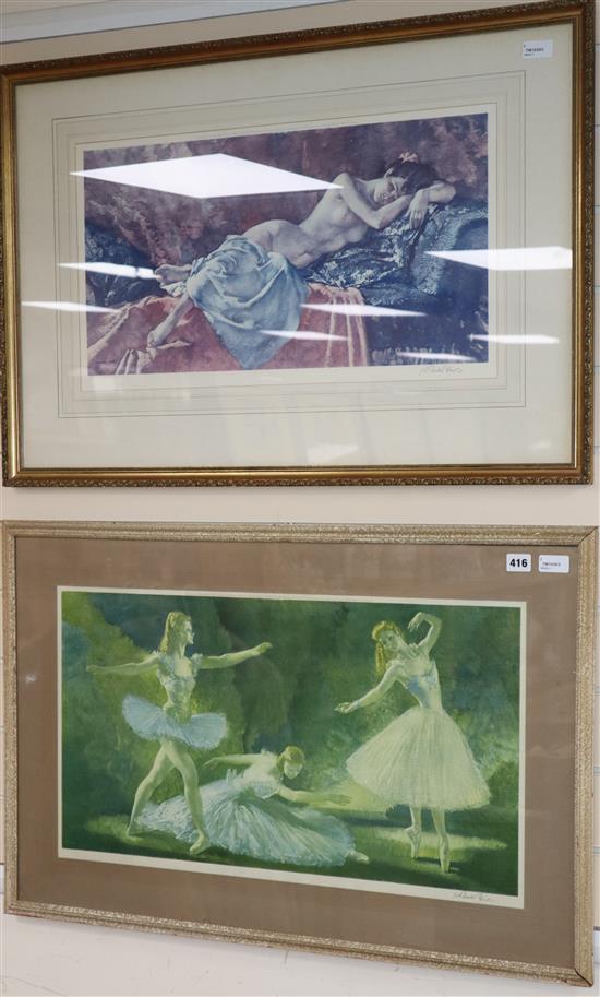 After Sir William Russell Flint, a signed print, Reclining Nude II and another of three ballerinas